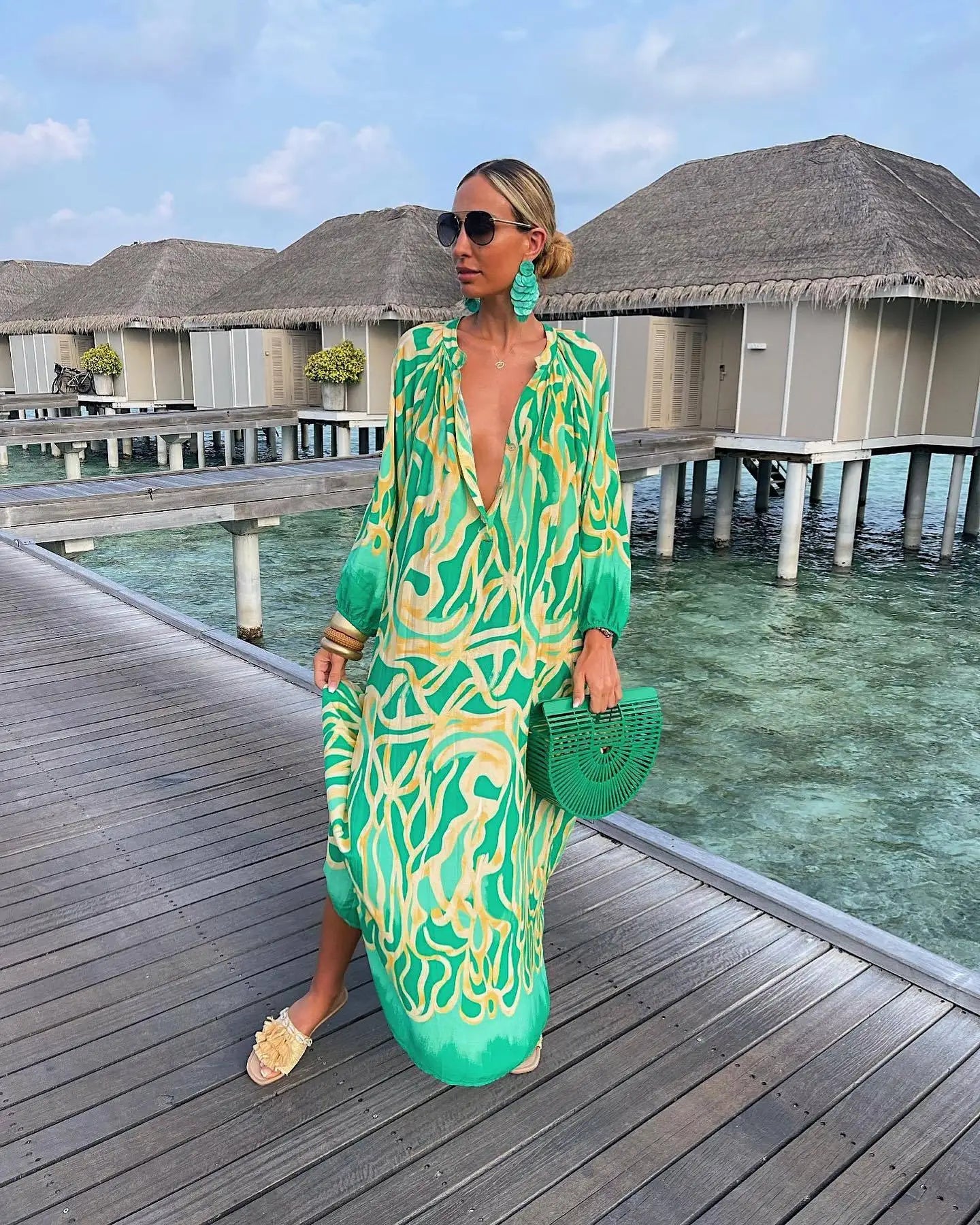 Women Sexy Deep V - Neck Maxi Dresses Autumn Bohemian Lantern Sleeve Printe Long Dress Female Vintage Holiday Beach Cover Up Robe - Saint Parsons
