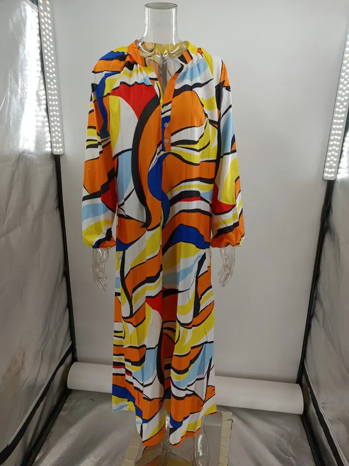 Women Sexy Deep V - Neck Maxi Dresses Autumn Bohemian Lantern Sleeve Printe Long Dress Female Vintage Holiday Beach Cover Up Robe - Saint Parsons