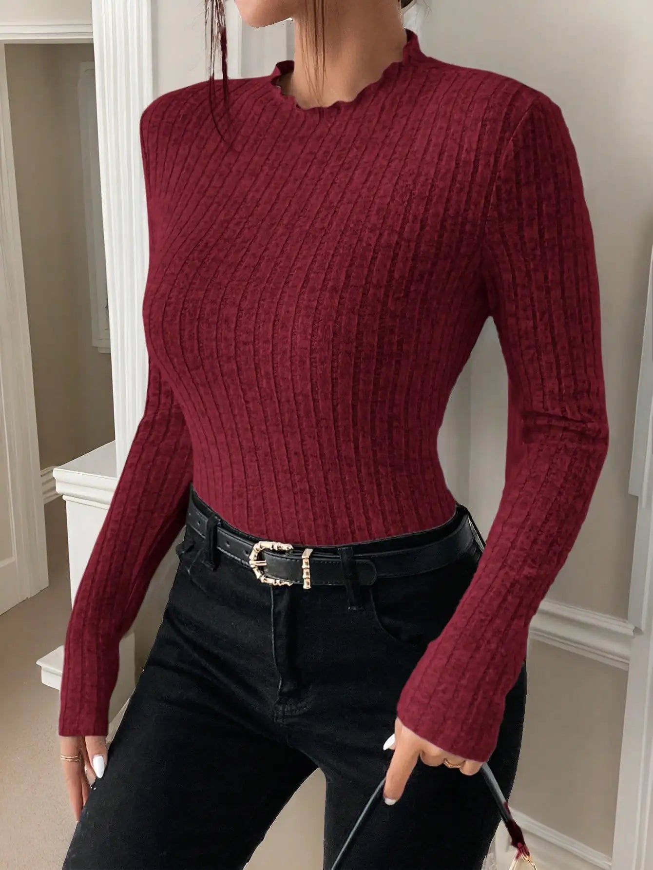 Amara Ruffle Neck Knit Sweater Top - Saint Parsons