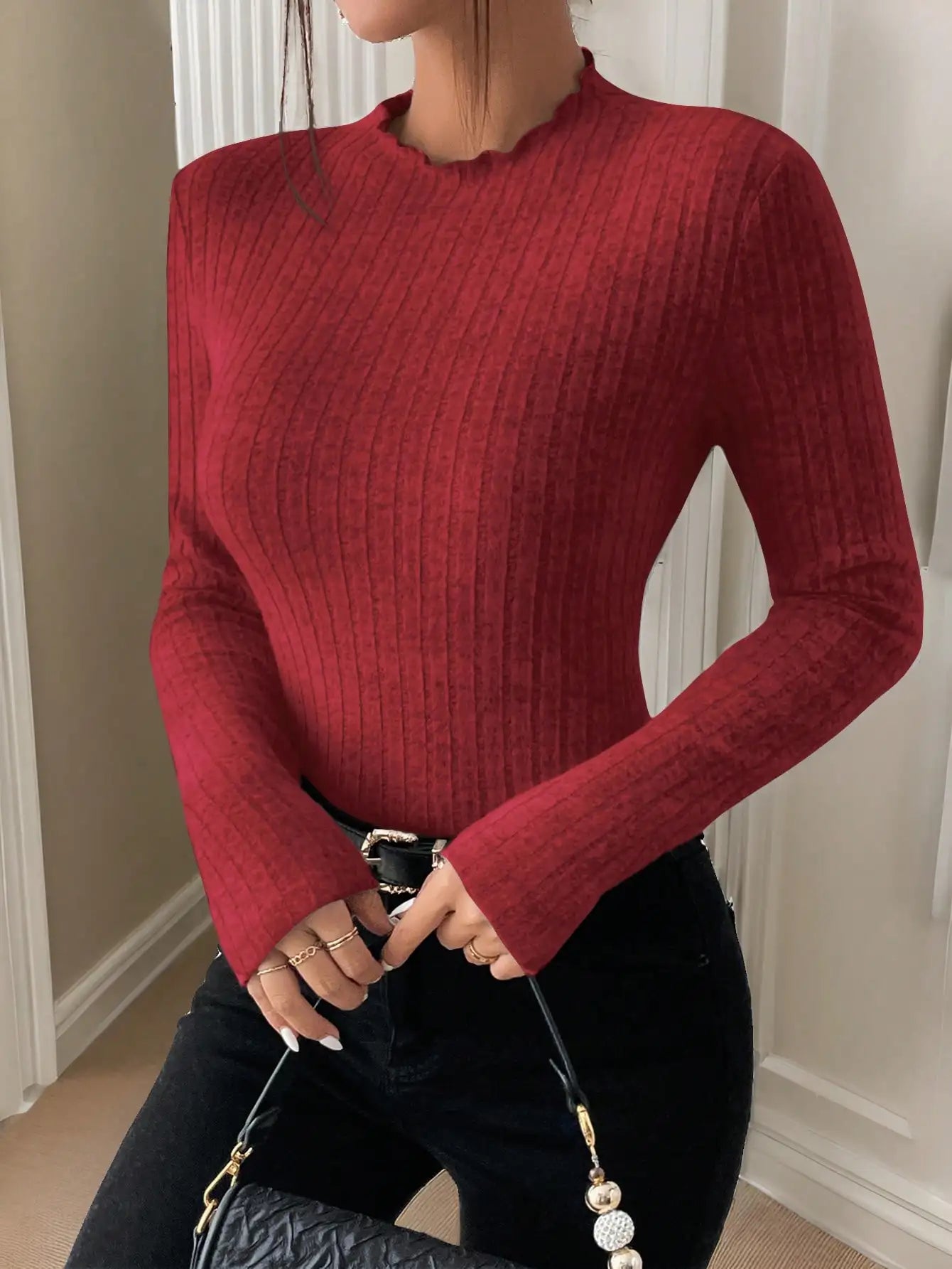 Amara Ruffle Neck Knit Sweater Top - Saint Parsons