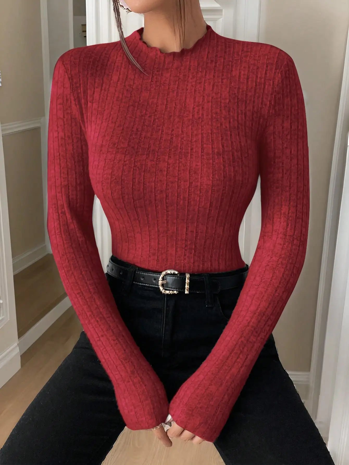 Amara Ruffle Neck Knit Sweater Top - Saint Parsons
