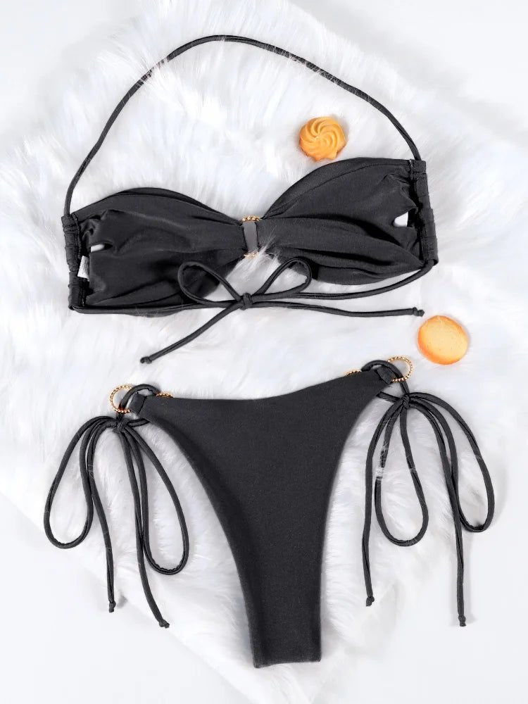 Solid Color Bikinis Push Up Swimwear Women Halter Bikini Set Shiny Swimsuit Push Up Bathing Suits Bandage Beachwear Thong - Saint Parsons