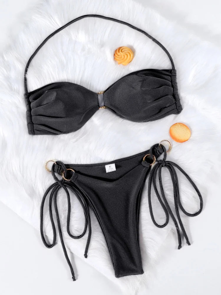 Solid Color Bikinis Push Up Swimwear Women Halter Bikini Set Shiny Swimsuit Push Up Bathing Suits Bandage Beachwear Thong - Saint Parsons