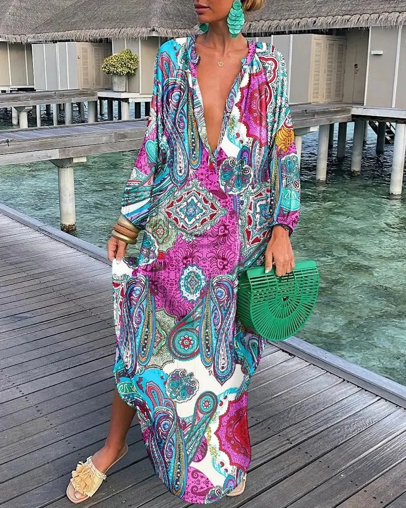 Women Sexy Deep V - Neck Maxi Dresses Autumn Bohemian Lantern Sleeve Printe Long Dress Female Vintage Holiday Beach Cover Up Robe - Saint Parsons