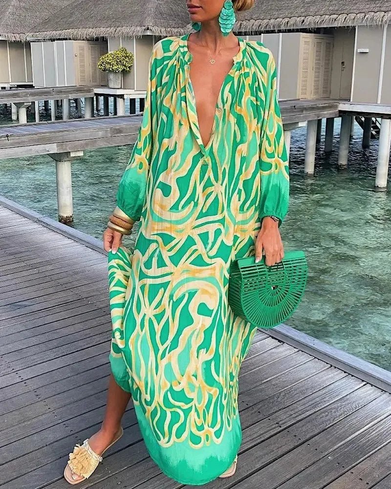 Women Sexy Deep V - Neck Maxi Dresses Autumn Bohemian Lantern Sleeve Printe Long Dress Female Vintage Holiday Beach Cover Up Robe - Saint Parsons