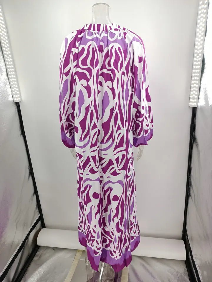 Women Sexy Deep V - Neck Maxi Dresses Autumn Bohemian Lantern Sleeve Printe Long Dress Female Vintage Holiday Beach Cover Up Robe - Saint Parsons