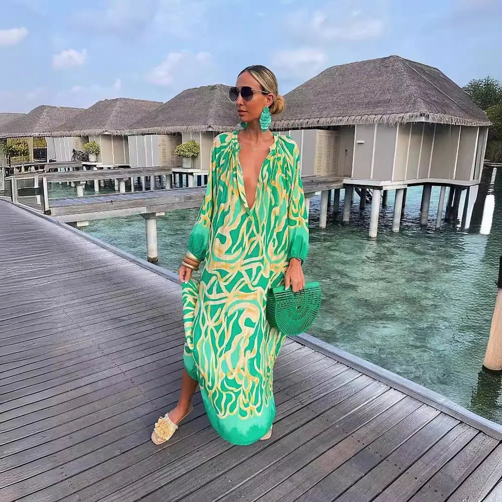 Women Sexy Deep V - Neck Maxi Dresses Autumn Bohemian Lantern Sleeve Printe Long Dress Female Vintage Holiday Beach Cover Up Robe - Saint Parsons