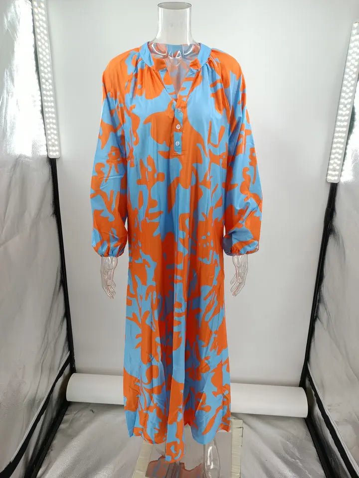 Women Sexy Deep V - Neck Maxi Dresses Autumn Bohemian Lantern Sleeve Printe Long Dress Female Vintage Holiday Beach Cover Up Robe - Saint Parsons