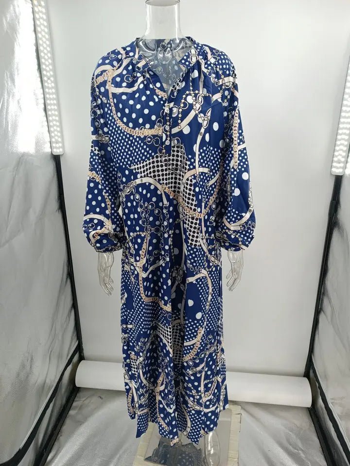 Women Sexy Deep V - Neck Maxi Dresses Autumn Bohemian Lantern Sleeve Printe Long Dress Female Vintage Holiday Beach Cover Up Robe - Saint Parsons