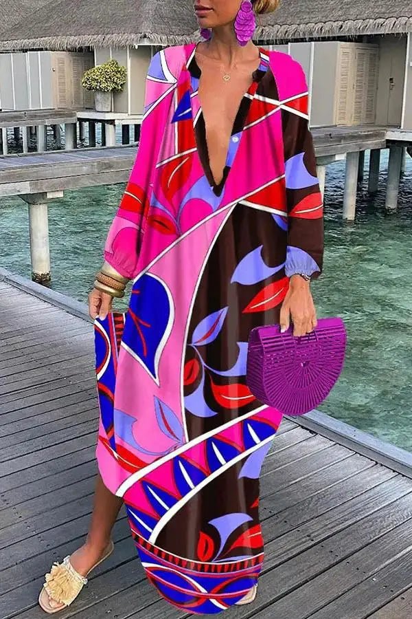 Women Sexy Deep V - Neck Maxi Dresses Autumn Bohemian Lantern Sleeve Printe Long Dress Female Vintage Holiday Beach Cover Up Robe - Saint Parsons