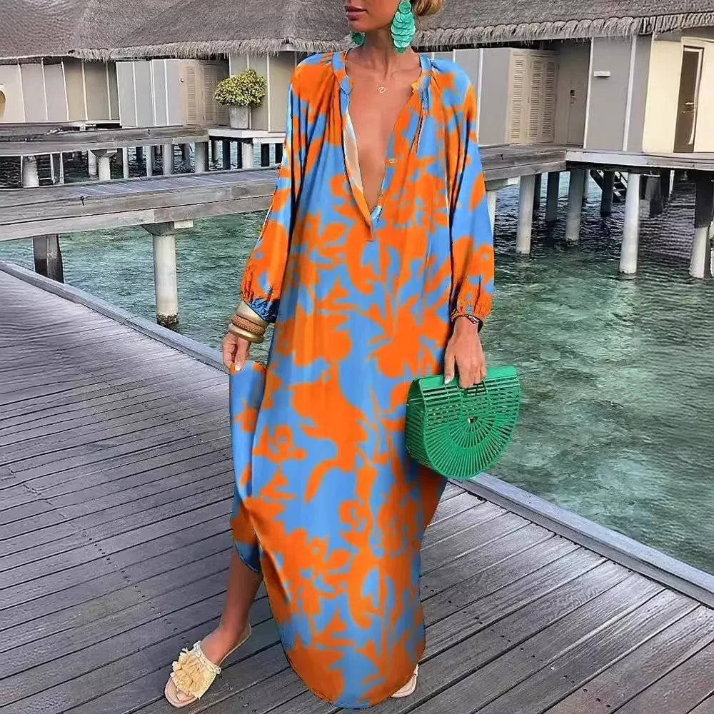 Women Sexy Deep V - Neck Maxi Dresses Autumn Bohemian Lantern Sleeve Printe Long Dress Female Vintage Holiday Beach Cover Up Robe - Saint Parsons
