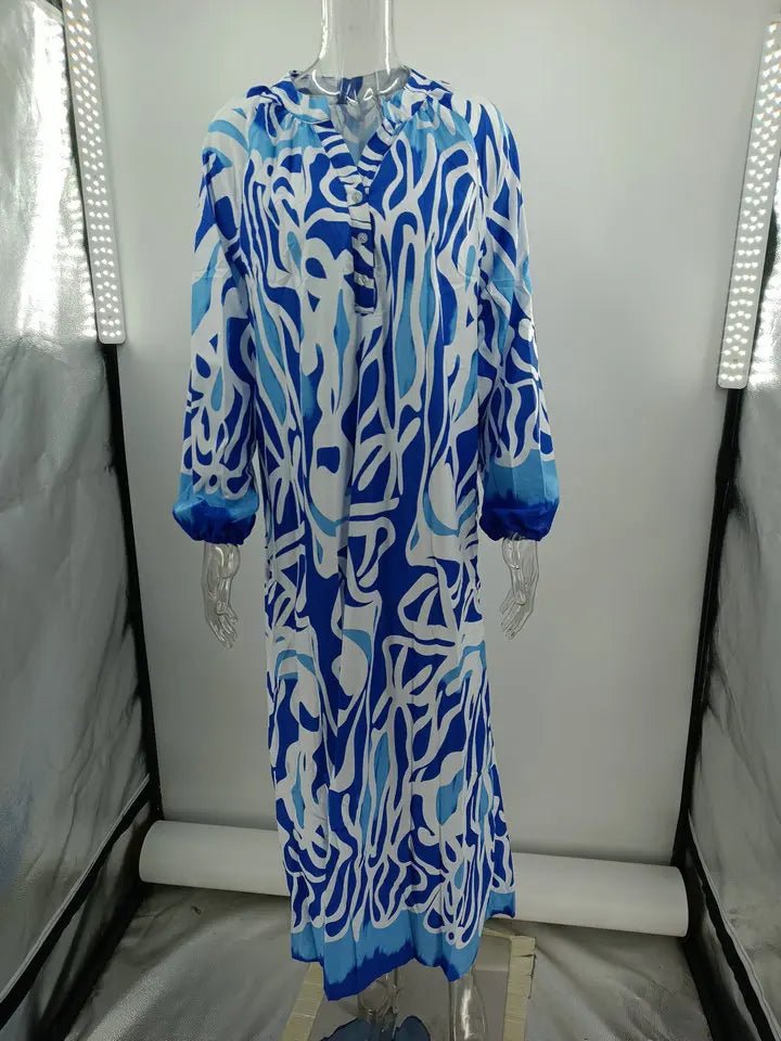 Women Sexy Deep V - Neck Maxi Dresses Autumn Bohemian Lantern Sleeve Printe Long Dress Female Vintage Holiday Beach Cover Up Robe - Saint Parsons