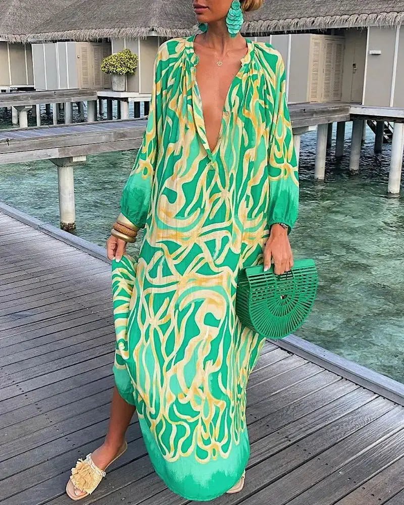 Women Sexy Deep V - Neck Maxi Dresses Autumn Bohemian Lantern Sleeve Printe Long Dress Female Vintage Holiday Beach Cover Up Robe - Saint Parsons