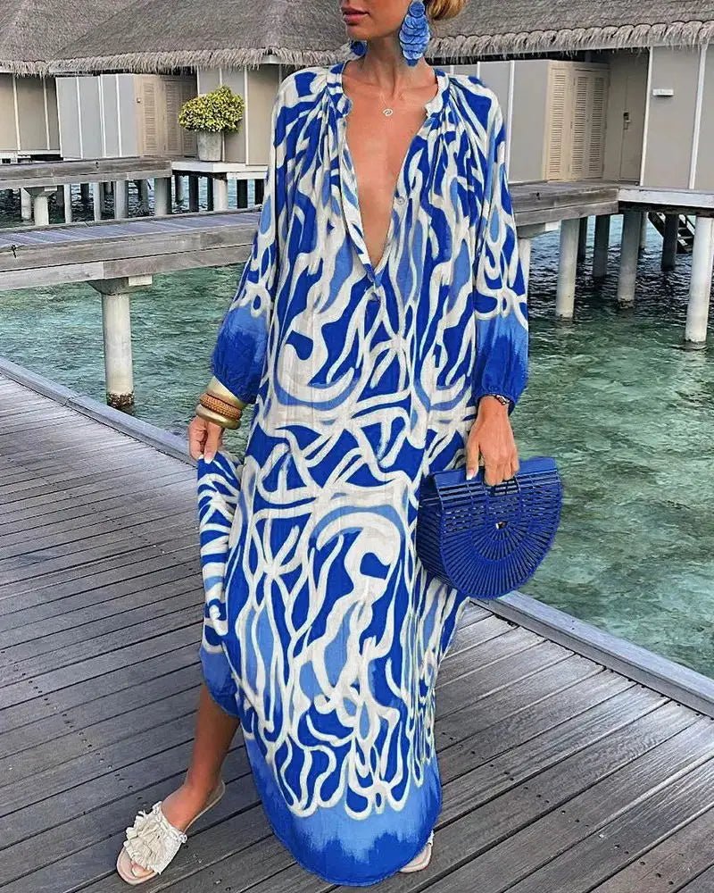 Women Sexy Deep V - Neck Maxi Dresses Autumn Bohemian Lantern Sleeve Printe Long Dress Female Vintage Holiday Beach Cover Up Robe - Saint Parsons