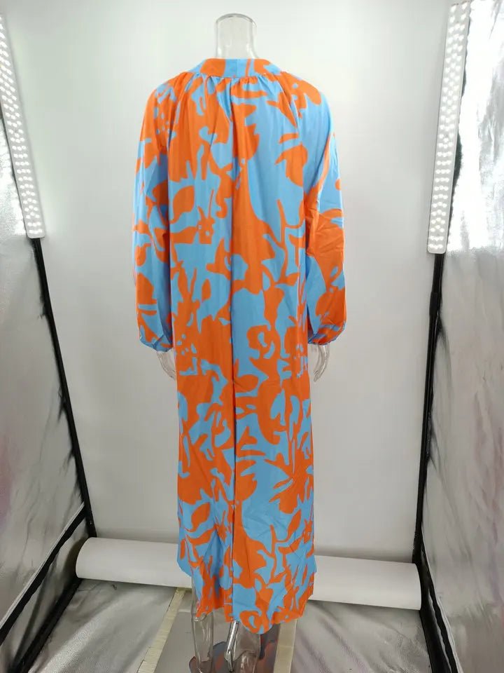 Women Sexy Deep V - Neck Maxi Dresses Autumn Bohemian Lantern Sleeve Printe Long Dress Female Vintage Holiday Beach Cover Up Robe - Saint Parsons