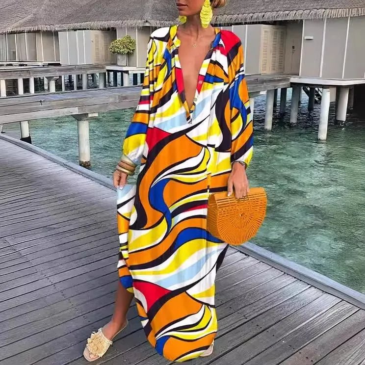 Women Sexy Deep V - Neck Maxi Dresses Autumn Bohemian Lantern Sleeve Printe Long Dress Female Vintage Holiday Beach Cover Up Robe - Saint Parsons