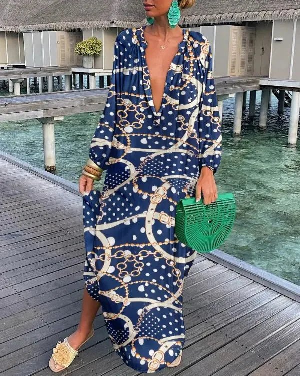 Women Sexy Deep V - Neck Maxi Dresses Autumn Bohemian Lantern Sleeve Printe Long Dress Female Vintage Holiday Beach Cover Up Robe - Saint Parsons
