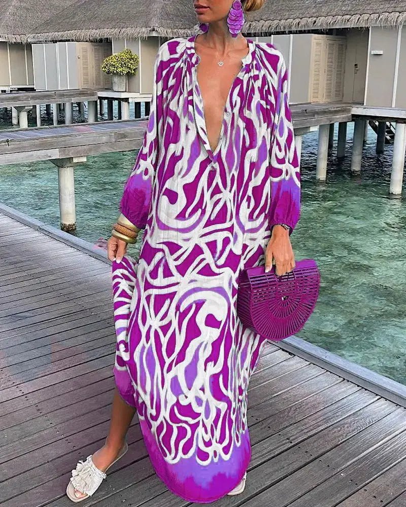 Women Sexy Deep V - Neck Maxi Dresses Autumn Bohemian Lantern Sleeve Printe Long Dress Female Vintage Holiday Beach Cover Up Robe - Saint Parsons