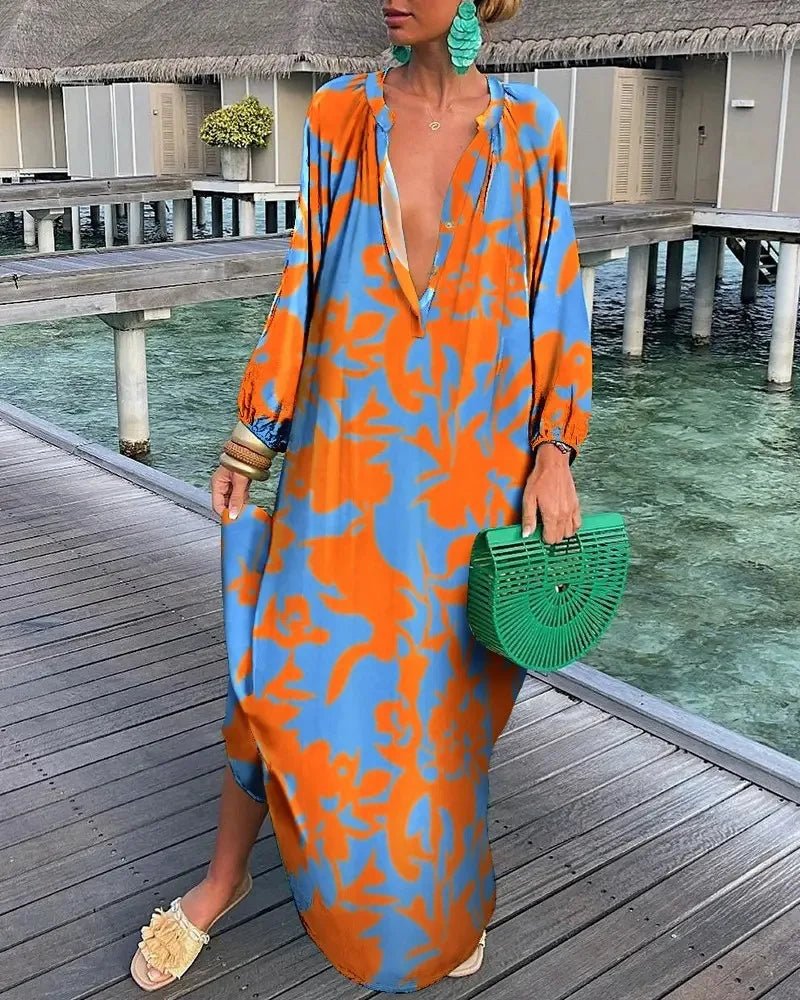 Women Sexy Deep V - Neck Maxi Dresses Autumn Bohemian Lantern Sleeve Printe Long Dress Female Vintage Holiday Beach Cover Up Robe - Saint Parsons