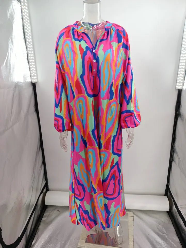 Women Sexy Deep V - Neck Maxi Dresses Autumn Bohemian Lantern Sleeve Printe Long Dress Female Vintage Holiday Beach Cover Up Robe - Saint Parsons