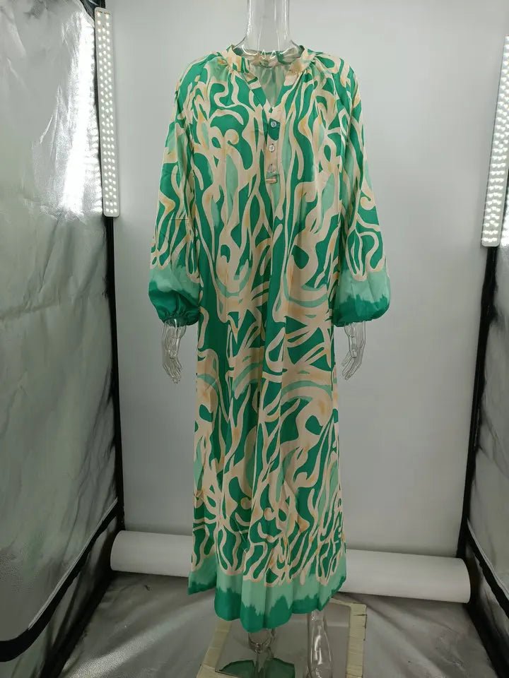 Women Sexy Deep V - Neck Maxi Dresses Autumn Bohemian Lantern Sleeve Printe Long Dress Female Vintage Holiday Beach Cover Up Robe - Saint Parsons