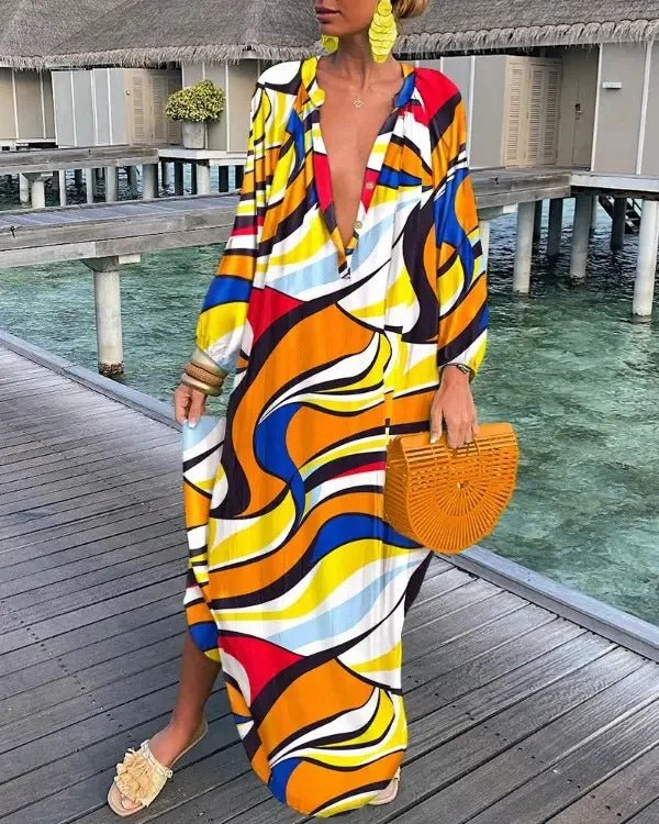 Women Sexy Deep V - Neck Maxi Dresses Autumn Bohemian Lantern Sleeve Printe Long Dress Female Vintage Holiday Beach Cover Up Robe - Saint Parsons