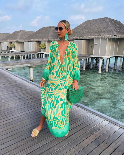 Women Sexy Deep V - Neck Maxi Dresses Autumn Bohemian Lantern Sleeve Printe Long Dress Female Vintage Holiday Beach Cover Up Robe - Saint Parsons