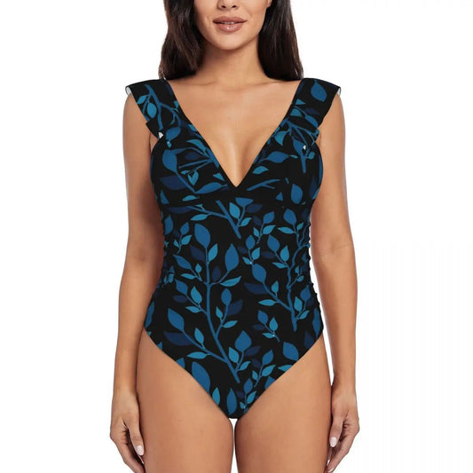 Bohemian one piece swimsuit women Blue leaves Women's Ruffle Swimsuits Swimwear Sexy bikini suit fashion - Saint Parsons