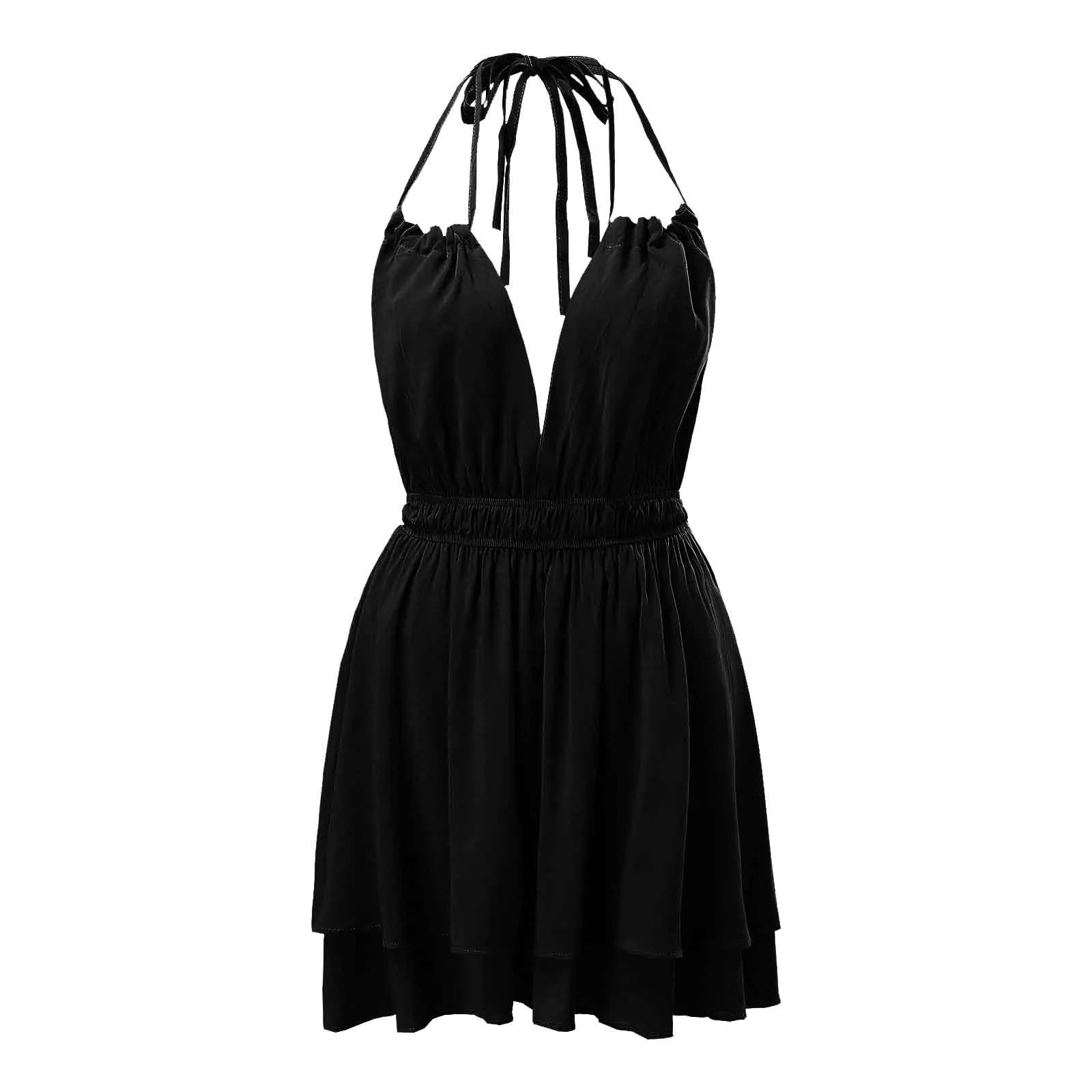 Halter Open Back Solid Color Dress Summer Deep V Neck Swing Dresses Women 2023 Elastic Waist Sleeveless Slim Sling Dress платье - Saint Parsons