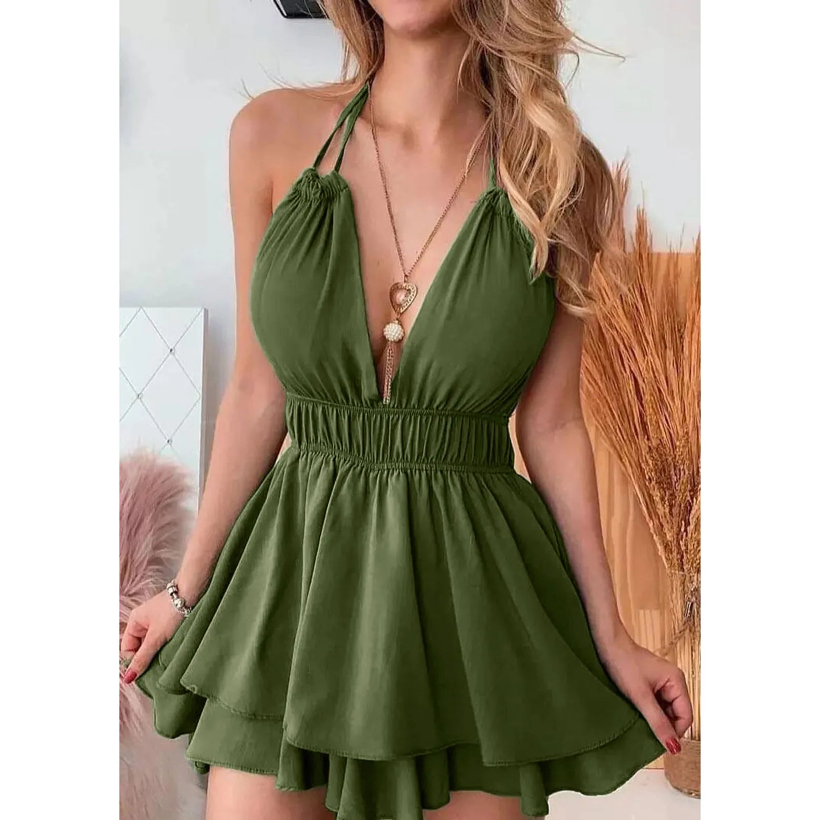 Halter Open Back Solid Color Dress Summer Deep V Neck Swing Dresses Women 2023 Elastic Waist Sleeveless Slim Sling Dress платье - Saint Parsons