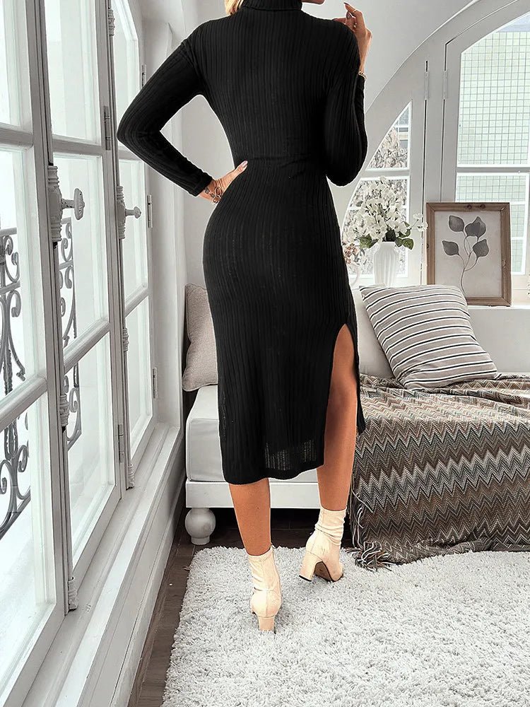 New Fashion Casual Women's High Neck Slit To Thigh Knitted Striped Texture Solid Black Color Slim Hip Long Dress (No Belt) - Saint Parsons