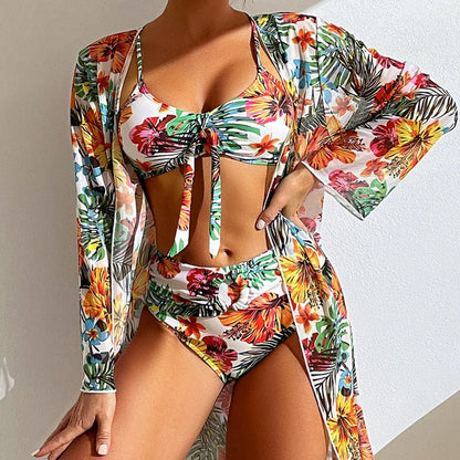 Sexy High Waisted Bikini 3 Pieces Floral Printed Swimsuit Size 3XL - S Women Bikini Set With Mesh Long - Sleeved Blouse Super Sales - Saint Parsons