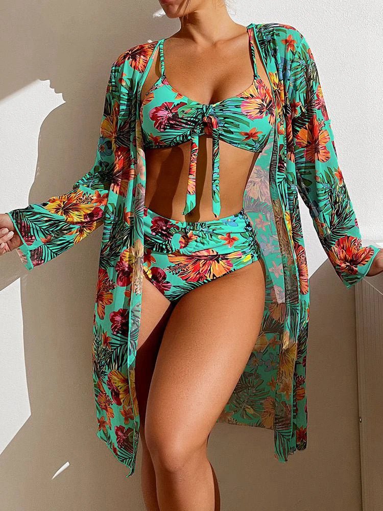 Sexy High Waisted Bikini 3 Pieces Floral Printed Swimsuit Size 3XL - S Women Bikini Set With Mesh Long - Sleeved Blouse Super Sales - Saint Parsons