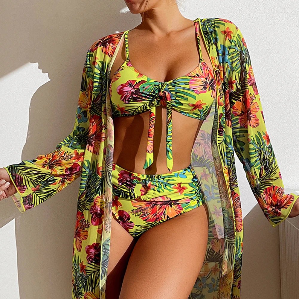 Sexy High Waisted Bikini 3 Pieces Floral Printed Swimsuit Size 3XL - S Women Bikini Set With Mesh Long - Sleeved Blouse Super Sales - Saint Parsons