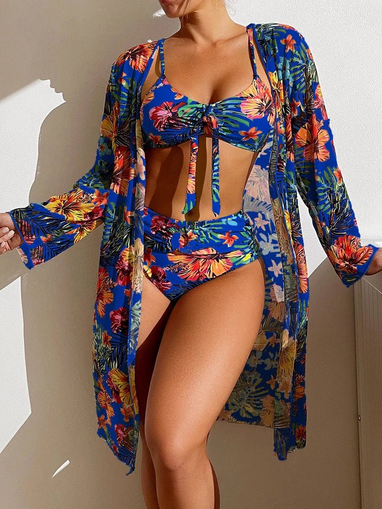 Sexy High Waisted Bikini 3 Pieces Floral Printed Swimsuit Size 3XL - S Women Bikini Set With Mesh Long - Sleeved Blouse Super Sales - Saint Parsons