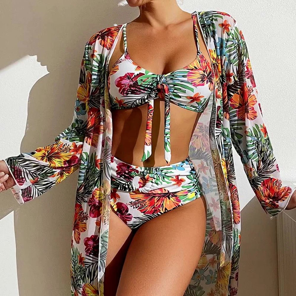 Sexy High Waisted Bikini 3 Pieces Floral Printed Swimsuit Size 3XL - S Women Bikini Set With Mesh Long - Sleeved Blouse Super Sales - Saint Parsons