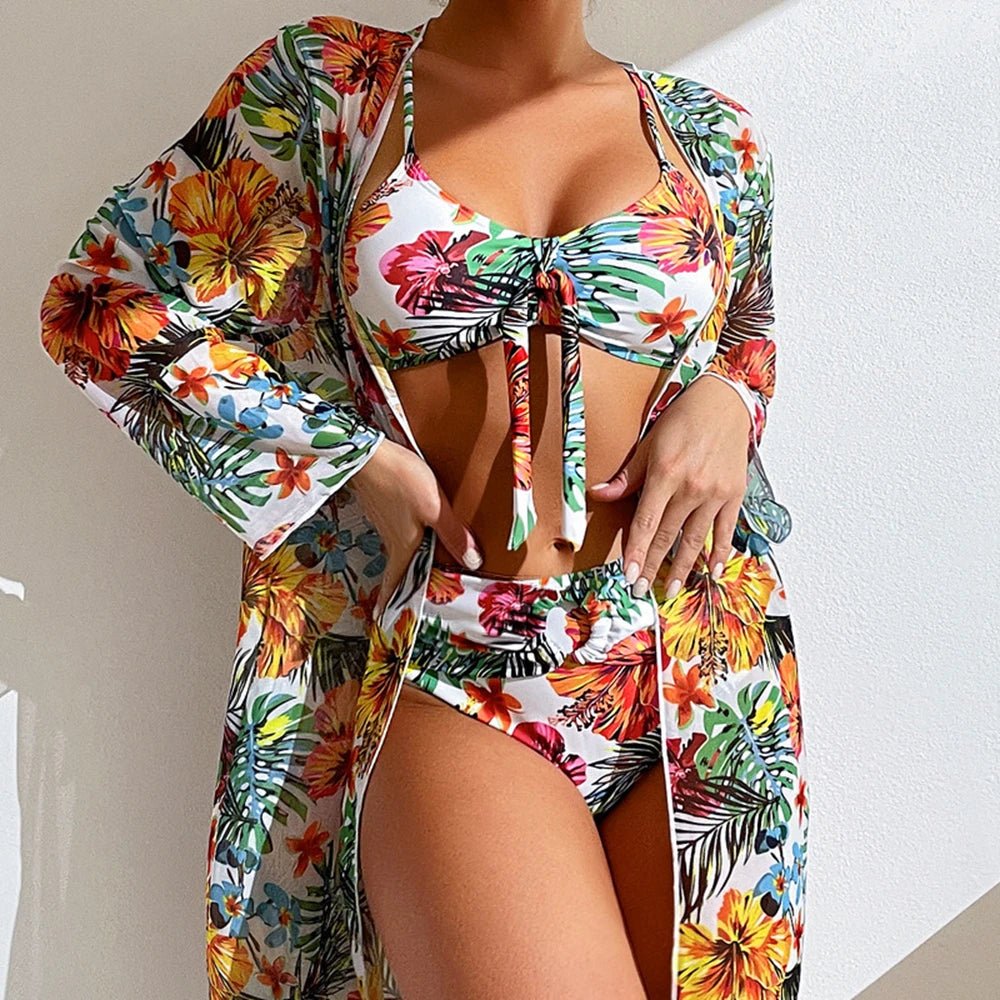 Sexy High Waisted Bikini 3 Pieces Floral Printed Swimsuit Size 3XL - S Women Bikini Set With Mesh Long - Sleeved Blouse Super Sales - Saint Parsons