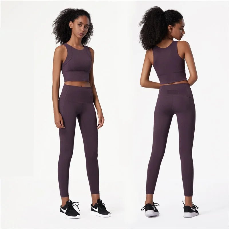 Solid Color Women's Fitness Yoga Set Full Package Thickened Bra Crop Top Tank Leggings 2pc Suit Squat Proof Gym Clothing Wear - Saint Parsons