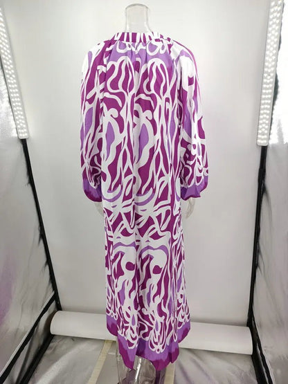 Women Sexy Deep V - Neck Maxi Dresses Autumn Bohemian Lantern Sleeve Printe Long Dress Female Vintage Holiday Beach Cover Up Robe - Saint Parsons