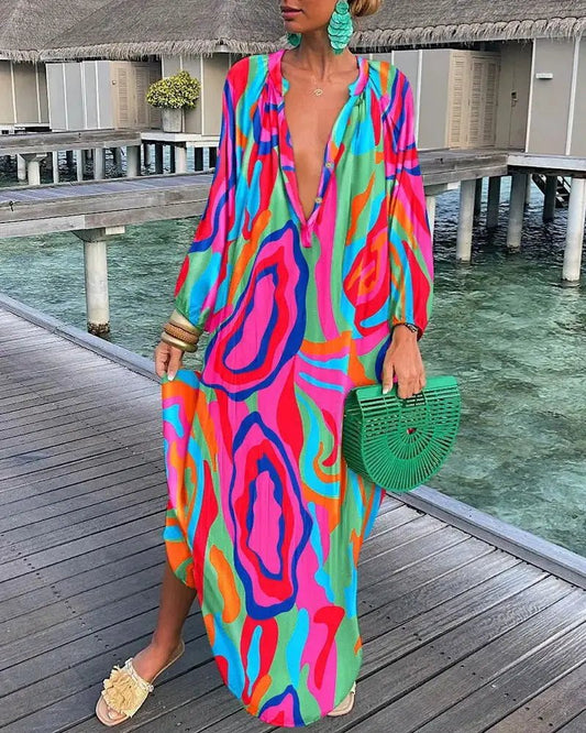 Women Sexy Deep V - Neck Maxi Dresses Autumn Bohemian Lantern Sleeve Printe Long Dress Female Vintage Holiday Beach Cover Up Robe - Saint Parsons