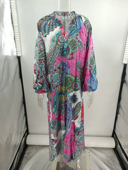 Women Sexy Deep V - Neck Maxi Dresses Autumn Bohemian Lantern Sleeve Printe Long Dress Female Vintage Holiday Beach Cover Up Robe - Saint Parsons