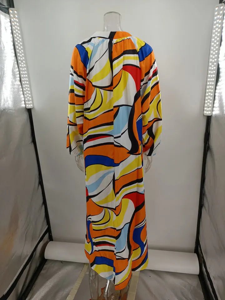 Women Sexy Deep V - Neck Maxi Dresses Autumn Bohemian Lantern Sleeve Printe Long Dress Female Vintage Holiday Beach Cover Up Robe - Saint Parsons