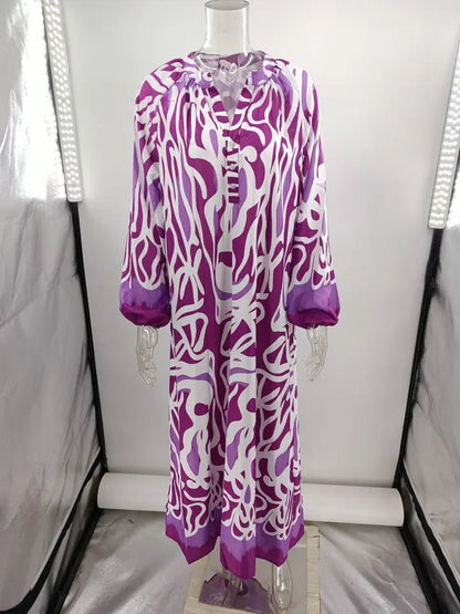 Women Sexy Deep V - Neck Maxi Dresses Autumn Bohemian Lantern Sleeve Printe Long Dress Female Vintage Holiday Beach Cover Up Robe - Saint Parsons