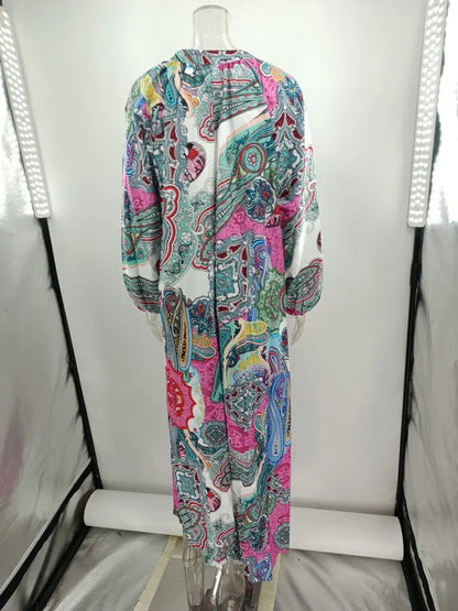 Women Sexy Deep V - Neck Maxi Dresses Autumn Bohemian Lantern Sleeve Printe Long Dress Female Vintage Holiday Beach Cover Up Robe - Saint Parsons