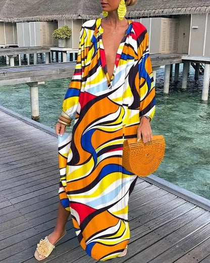 Women Sexy Deep V - Neck Maxi Dresses Autumn Bohemian Lantern Sleeve Printe Long Dress Female Vintage Holiday Beach Cover Up Robe - Saint Parsons